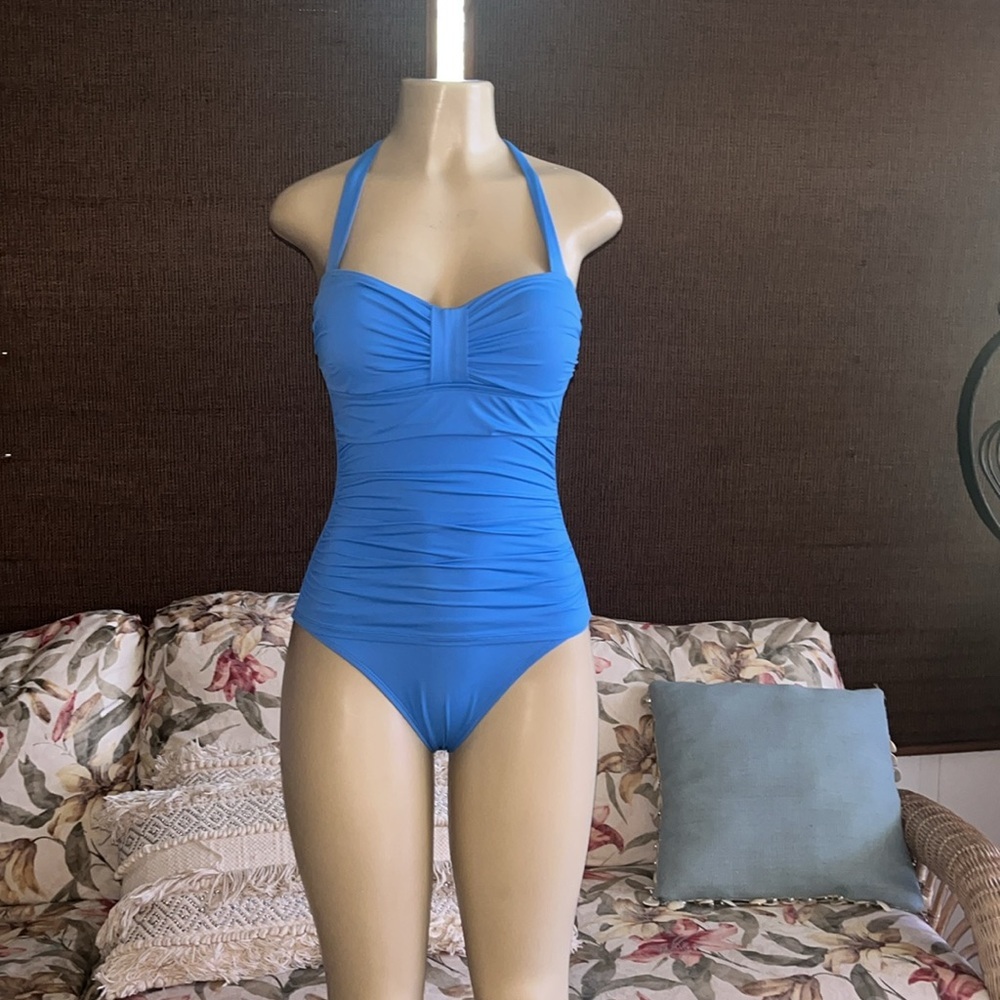 Tommy Bahama Ruched Halter-Top 4 Tummy Control Cobalt Blue One-Piece Swimsuit - Picture 4 of 9